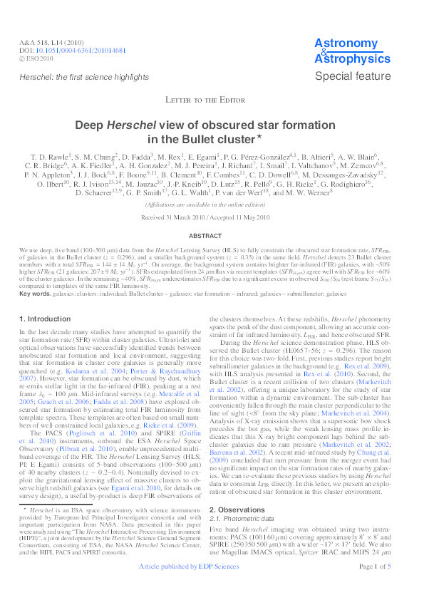Deep Herschel view of obscured star formation in the Bullet cluster Thumbnail