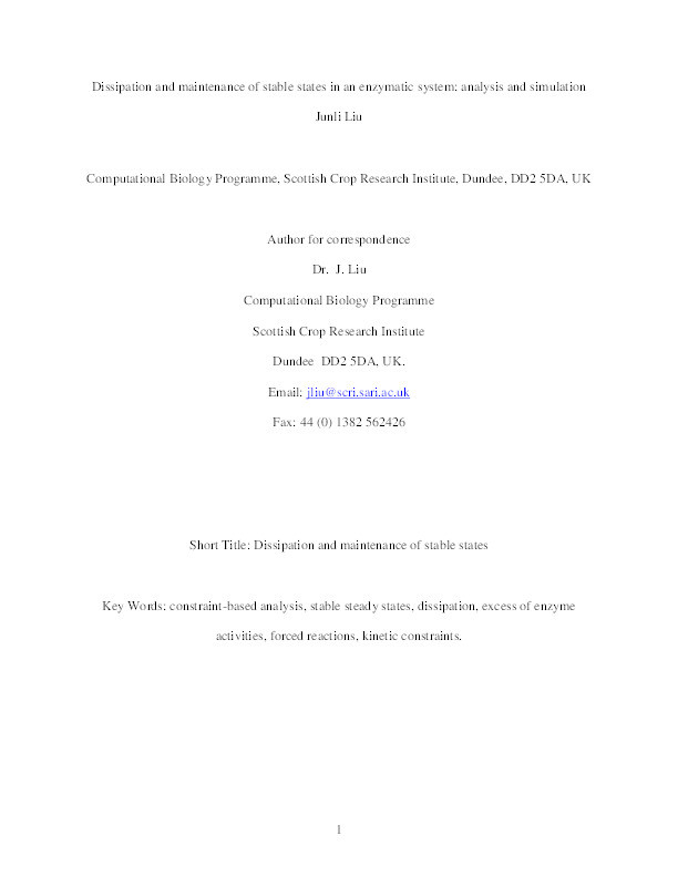 Dissipation and maintenance of stable states in an enzymatic system: Analysis and simulation Thumbnail