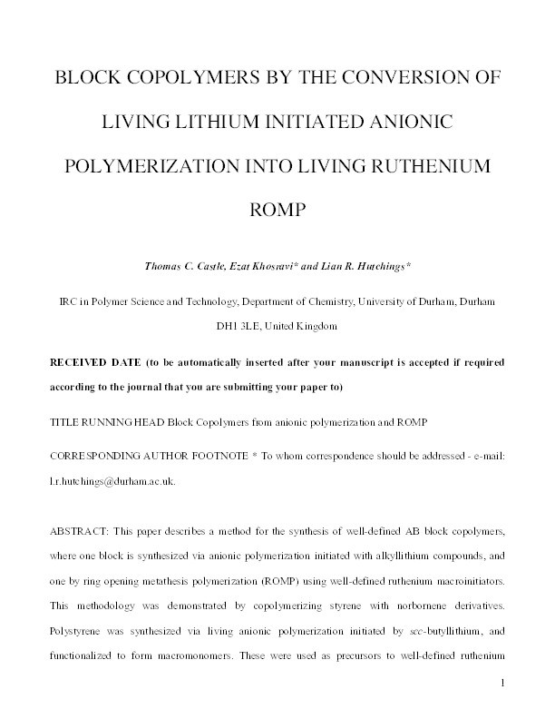Block copolymers by the conversion of living lithium initiated anionic polymerization into living ruthenium ROMP Thumbnail
