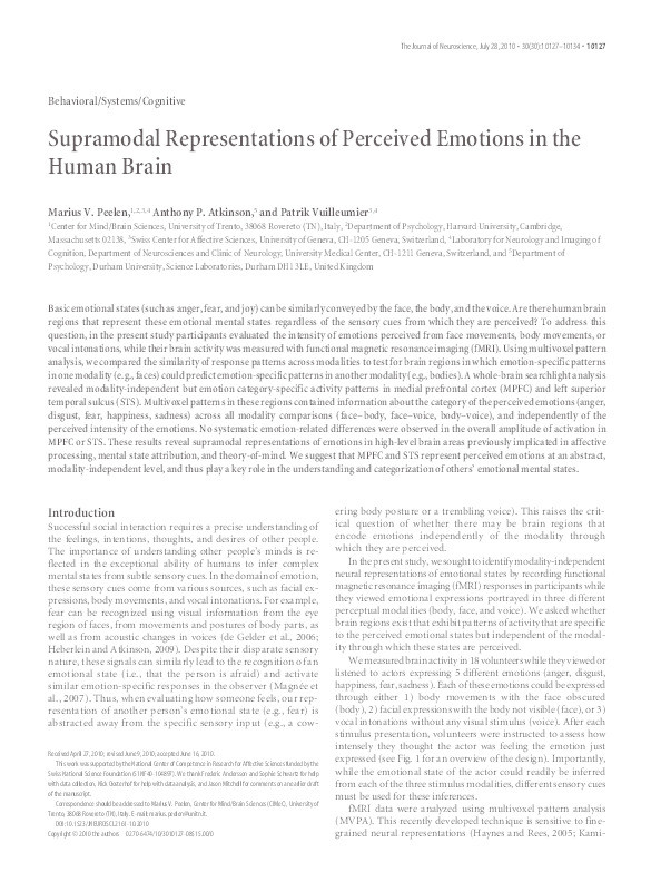 Supramodal representations of perceived emotions in the human brain Thumbnail