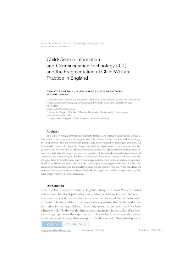 Child-centric Information and Communication Technology (ICT) and the fragmentation of child welfare practice in England Thumbnail