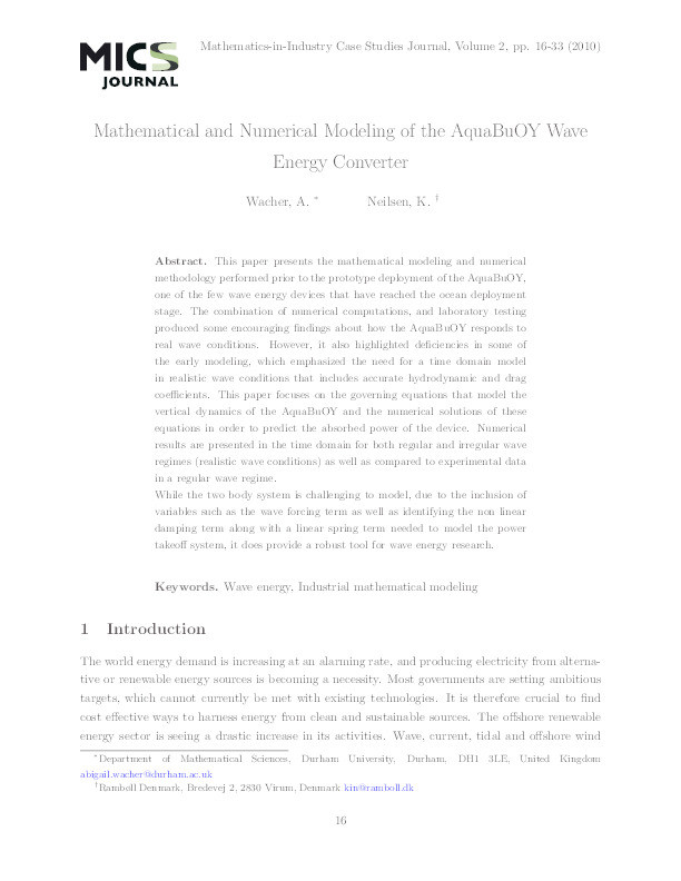 Mathematical and numerical modeling of the AquaBuOY wave energy converter Thumbnail