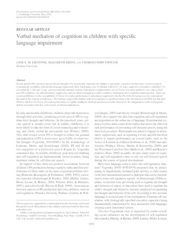 Verbal mediation of cognition in children with Specific Language Impairment Thumbnail