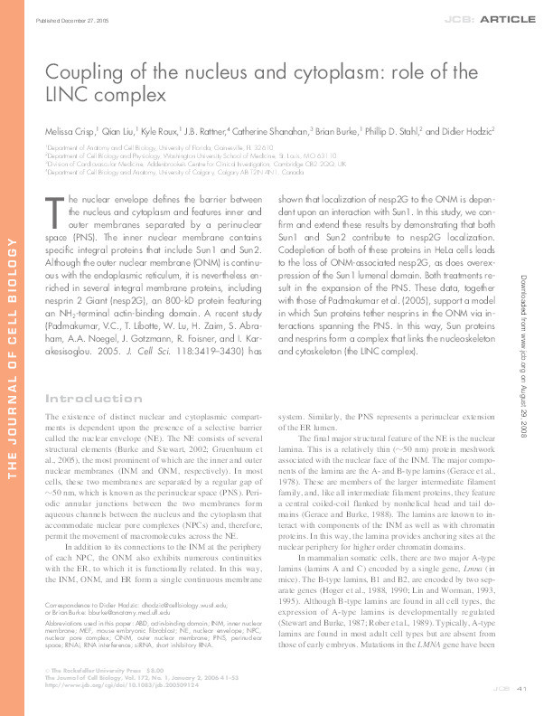 Coupling of the nucleus and cytoplasm: role of the LINC complex Thumbnail