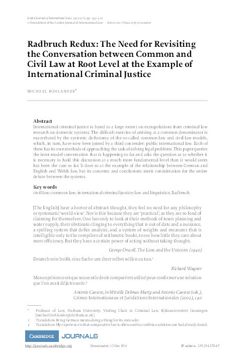 Radbruch Redux: The need for revisiting the conversation between common and civil law at root level at the example of international criminal justice Thumbnail