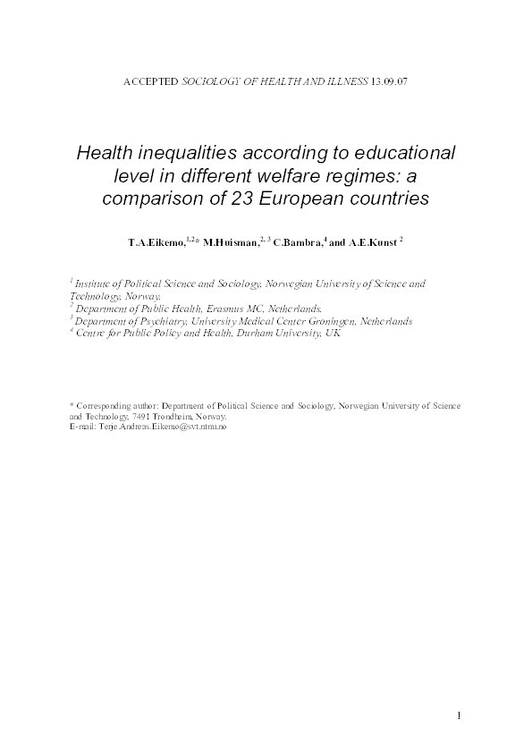 Health inequalities according to educational level in different welfare regimes: a comparison of 23 European countries Thumbnail