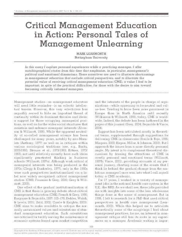 Critical management education in action: personal tales of management unlearning Thumbnail