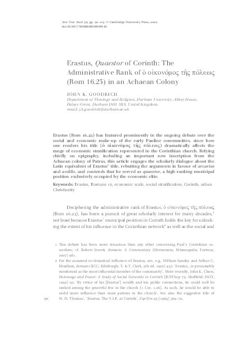 Erastus, Quaestor of Corinth: The Administrative Rank of ὁ οἰκονόμος τής πόλεως (Rom 16.23) in an Achaean Colony Thumbnail