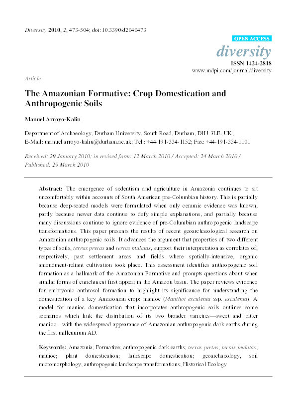 The Amazonian Formative: Crop Domestication and Anthropogenic Soils Thumbnail