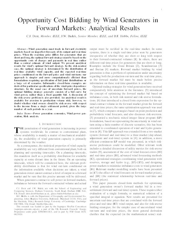 Opportunity Cost Bidding by Wind Generators in Forward Markets: Analytical Results Thumbnail