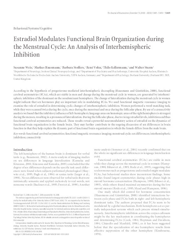 Estradiol Modulates Functional Brain Organization during the Menstrual Cycle: An Analysis of Interhemispheric Inhibition Thumbnail