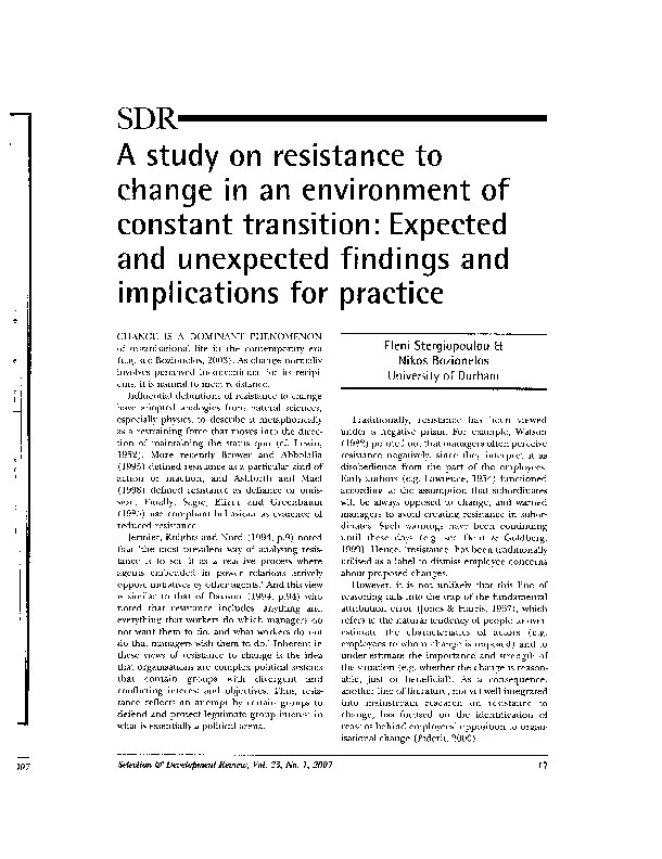 A study on resistance to change in an environment of constant transition: Expected and unexpected findings and implications for practice Thumbnail