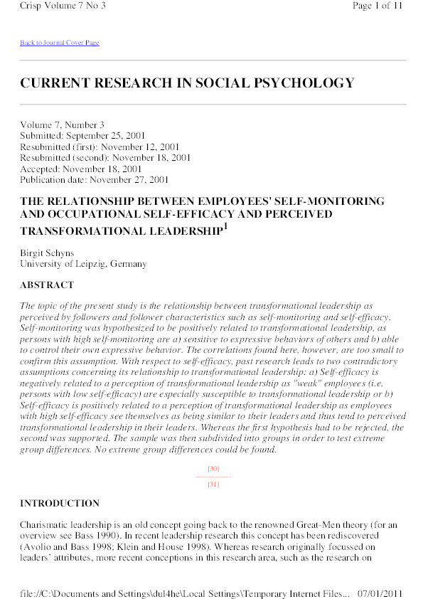 The relationship between employees’self-monitoring and occupational self-efficacy and transformational leadership Thumbnail