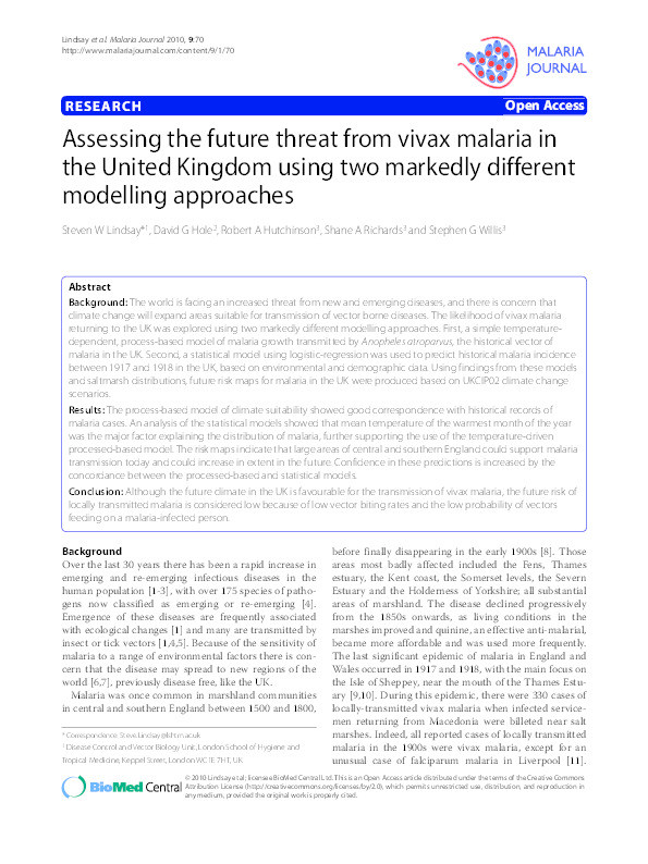 Assessing the future threat from vivax malaria in the United Kingdom using two markedly different modelling approaches Thumbnail