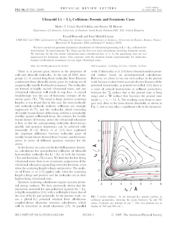 Ultracold Li + Li₂ collisions: Bosonic and fermionic cases Thumbnail