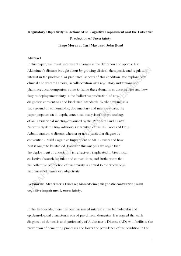 Regulatory objectivity in action: Mild cognitive impairment and the collective production of uncertainty Thumbnail