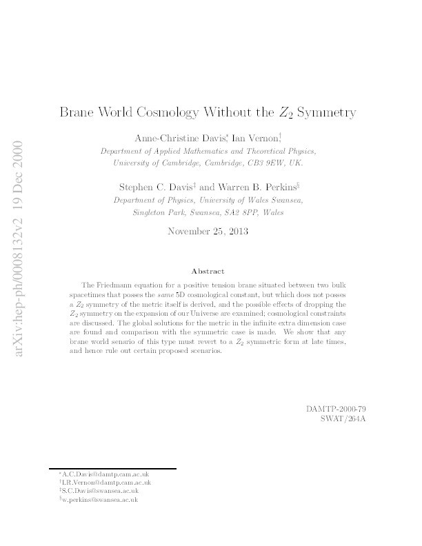 Brane World Cosmology Without the Z_2 Symmetry Thumbnail
