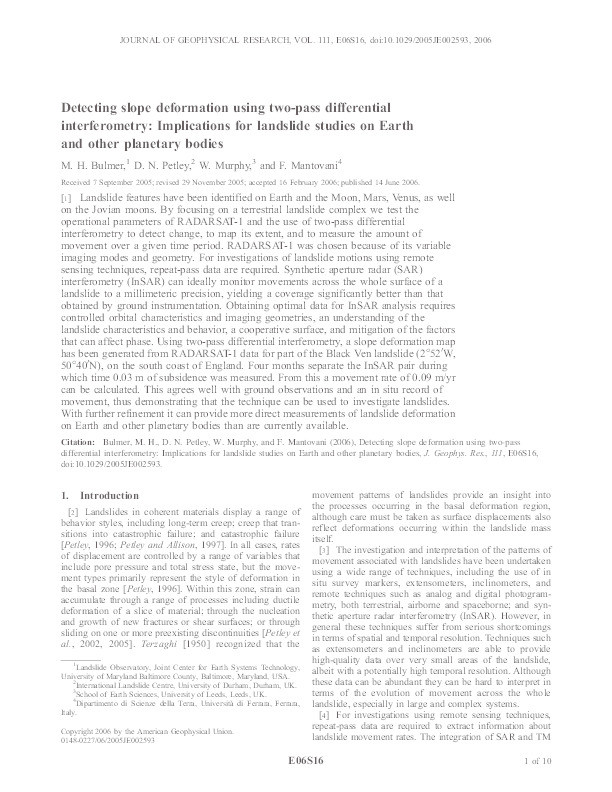 Detecting slope deformation using two-pass differential interferometry: Implications for landslide studies on Earth and other planetary bodies Thumbnail