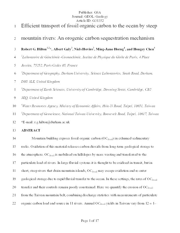 Efficient transport of fossil organic carbon to the ocean by steep mountain rivers: An orogenic carbon sequestration mechanism Thumbnail