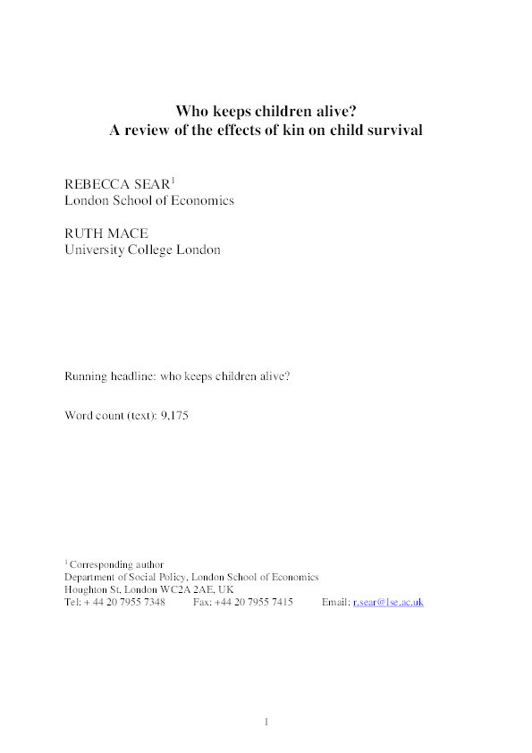 Who keeps children alive? A review of the effects of kin on child survival Thumbnail