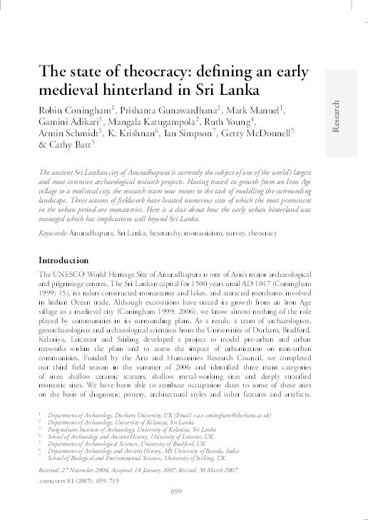The state of theocracy: defining an Early Medieval hinterland in Sri Lanka Thumbnail