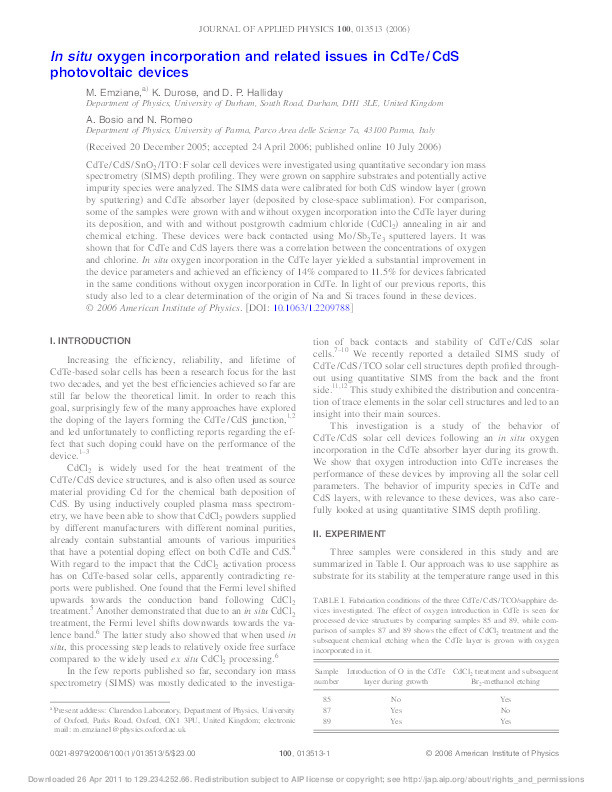 In situ oxygen incorporation and related issues in CdTe/CdS photovoltaic devices Thumbnail