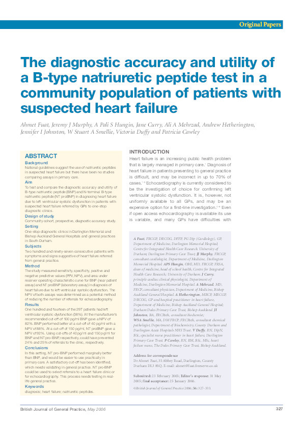 The diagnostic accuracy and utility of a B-natriuretic peptide test in a community population of patients with suspected heart failure Thumbnail