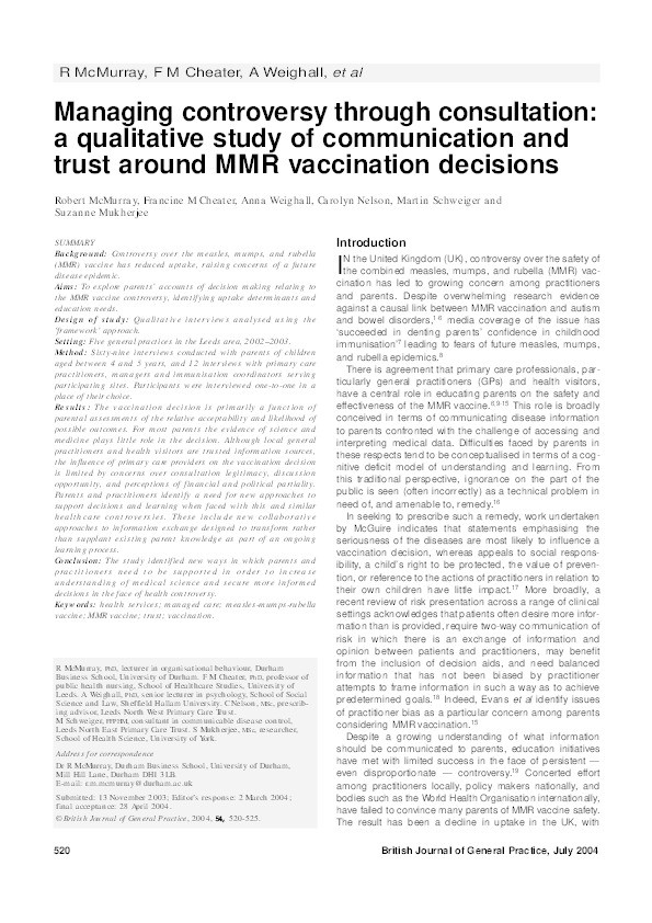 Managing controversy through consultation: a qualitative study of communication and trust around MMR vaccination decisions Thumbnail