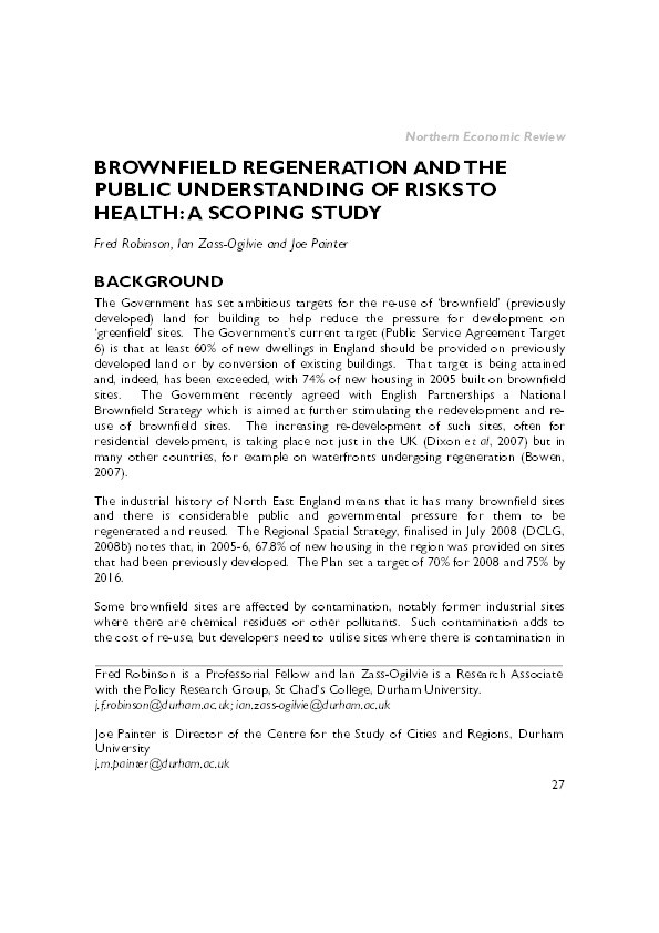 Brownfield regeneration and the public understanding of risks to health: a scoping study Thumbnail
