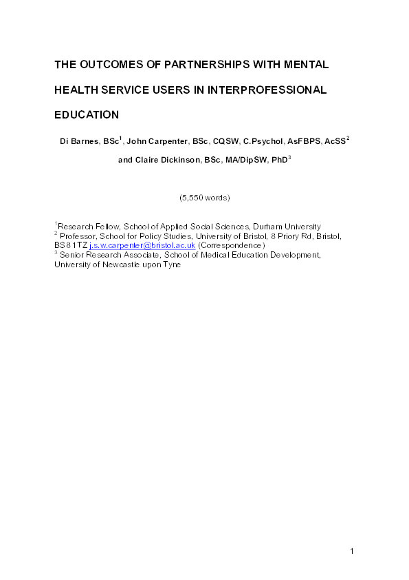 The outcome of partnerships with mental health service users in interprofessional education: a case study Thumbnail