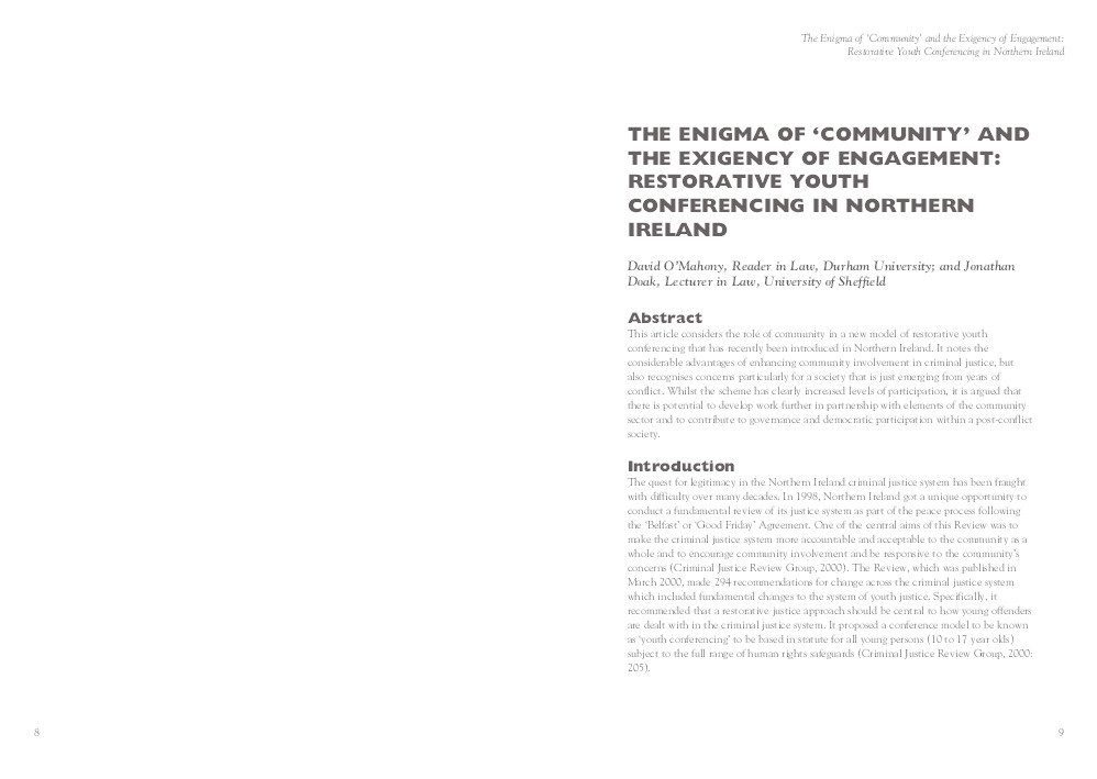 The Enigma of Community and the Exigency of Engagement: Restorative Youth Conferencing in Northern Ireland Thumbnail