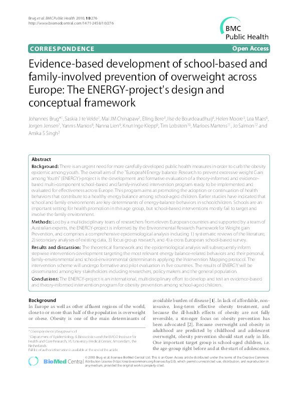 Evidence-based development of school-based and family-involved prevention of overweight across Europe: The ENERGY-project’s design and conceptual framework Thumbnail