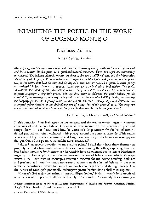 Inhabiting the Poetic in the Work of Eugenio Montejo Thumbnail