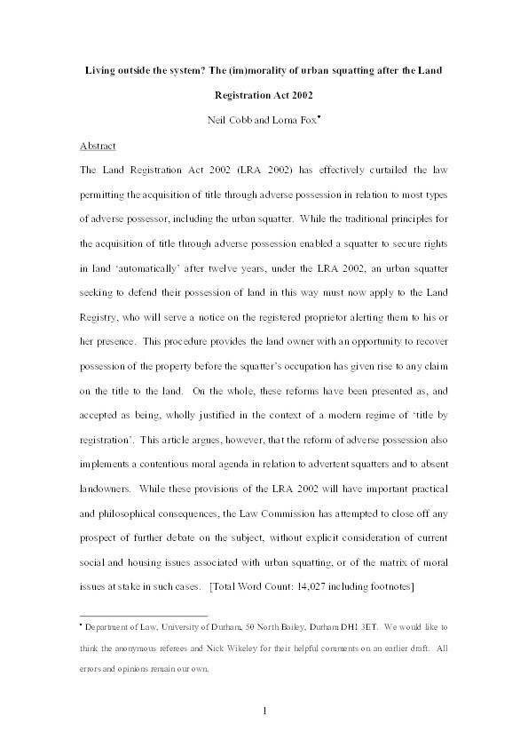 Living outside the system: the (im)morality of urban squatting after the Land Registration Act 2002 Thumbnail