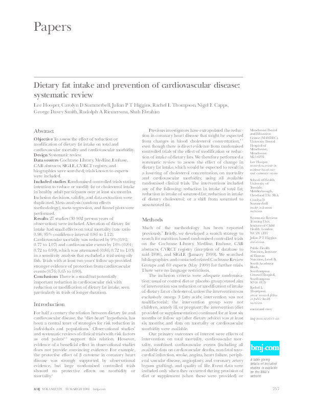Dietary fat intake and prevention of cardiovascular disease: systematic review Thumbnail