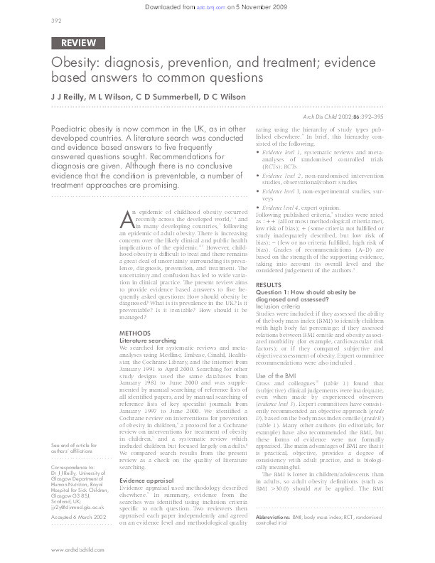 Obesity: diagnosis, prevention and treatment; evidence-based answers to common questions Thumbnail