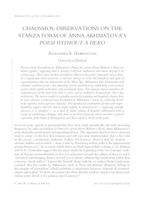 Chaosmos: Observations on the Stanza Form of Anna Akhmatova's Poem Without a Hero Thumbnail