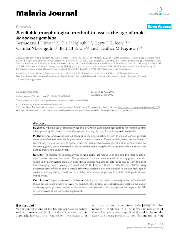 A reliable morphological method to assess the age of male Anopheles gambiae Thumbnail