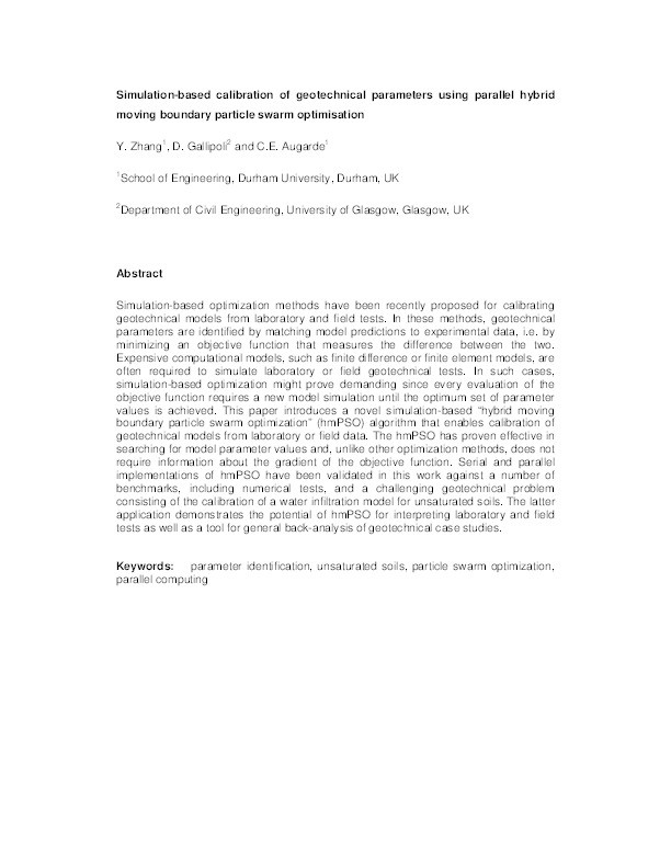 Simulation-based calibration of geotechnical parameters using parallel hybrid moving boundary particle swarm optimization Thumbnail