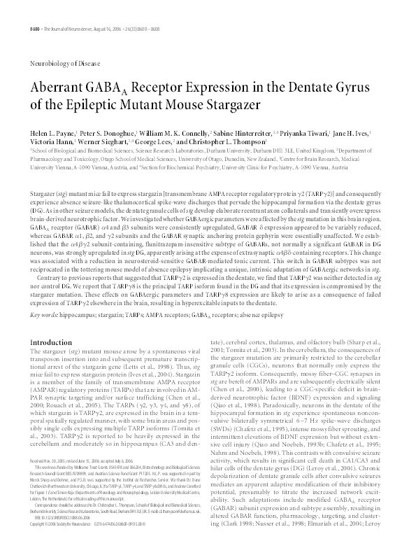 Aberrant GABA-A receptor expression in the dentate gyrus of the epileptic mutant mouse stargazer Thumbnail