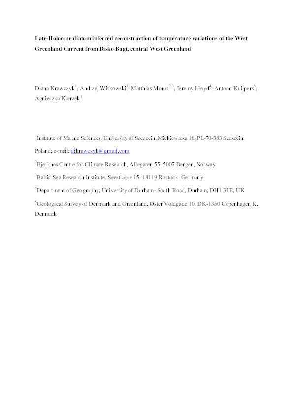 Late-Holocene diatom-inferred reconstruction of temperature variations of the West Greenland Current from Disko Bugt, central West Greenland Thumbnail