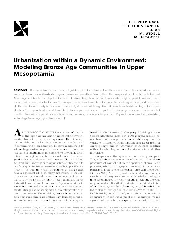 Urbanization within a Dynamic Environment: Modeling Bronze Age Communities in Upper Mesopotamia Thumbnail