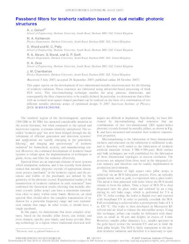 Passband filters for terahertz radiation based on dual metallic photonic structures Thumbnail