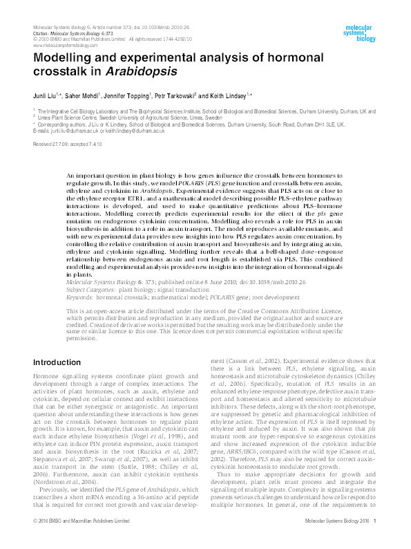 Modelling and experimental analysis of hormonal crosstalk in Arabidopsis Thumbnail