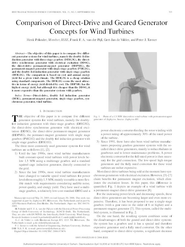 Comparison of Direct-Drive and Geared Generator Concepts for Wind Turbines Thumbnail
