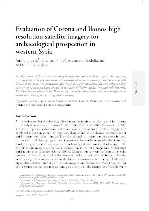 Evaluation of Corona and Ikonos high resolution satellite imagery for archaeological prospection in western Syria Thumbnail