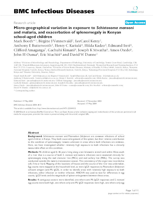Micro-geographical variation in exposure to Schistosoma mansoni and malaria, and exacerbation of splenomegaly in Kenyan school-aged children Thumbnail