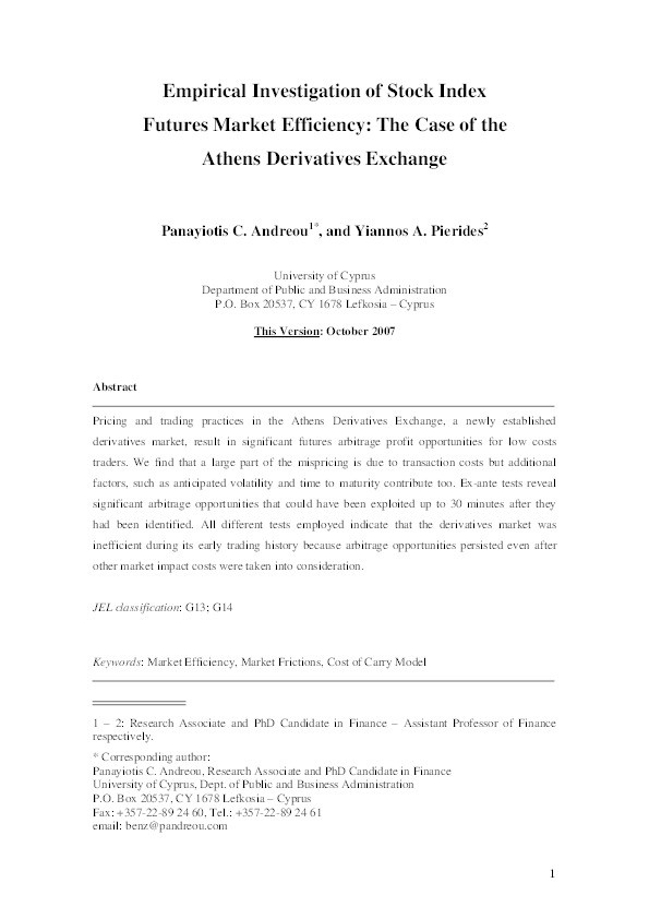 Empirical Investigation of Stock Index Futures Market Efficiency: The Case of the Athens Derivatives Exchange Thumbnail