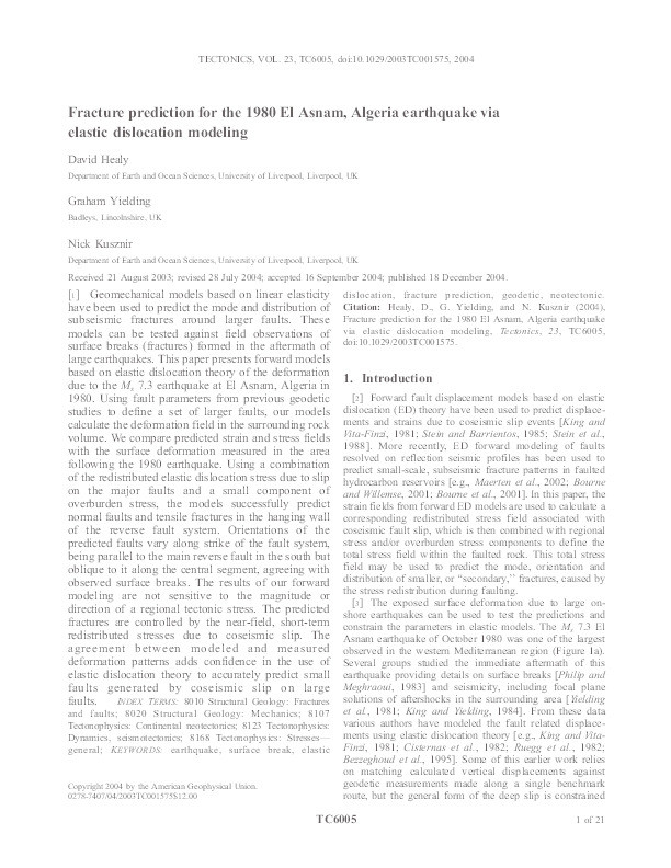 Fracture prediction for the 1980 El Asnam, Algeria earthquake via elastic dislocation modeling Thumbnail