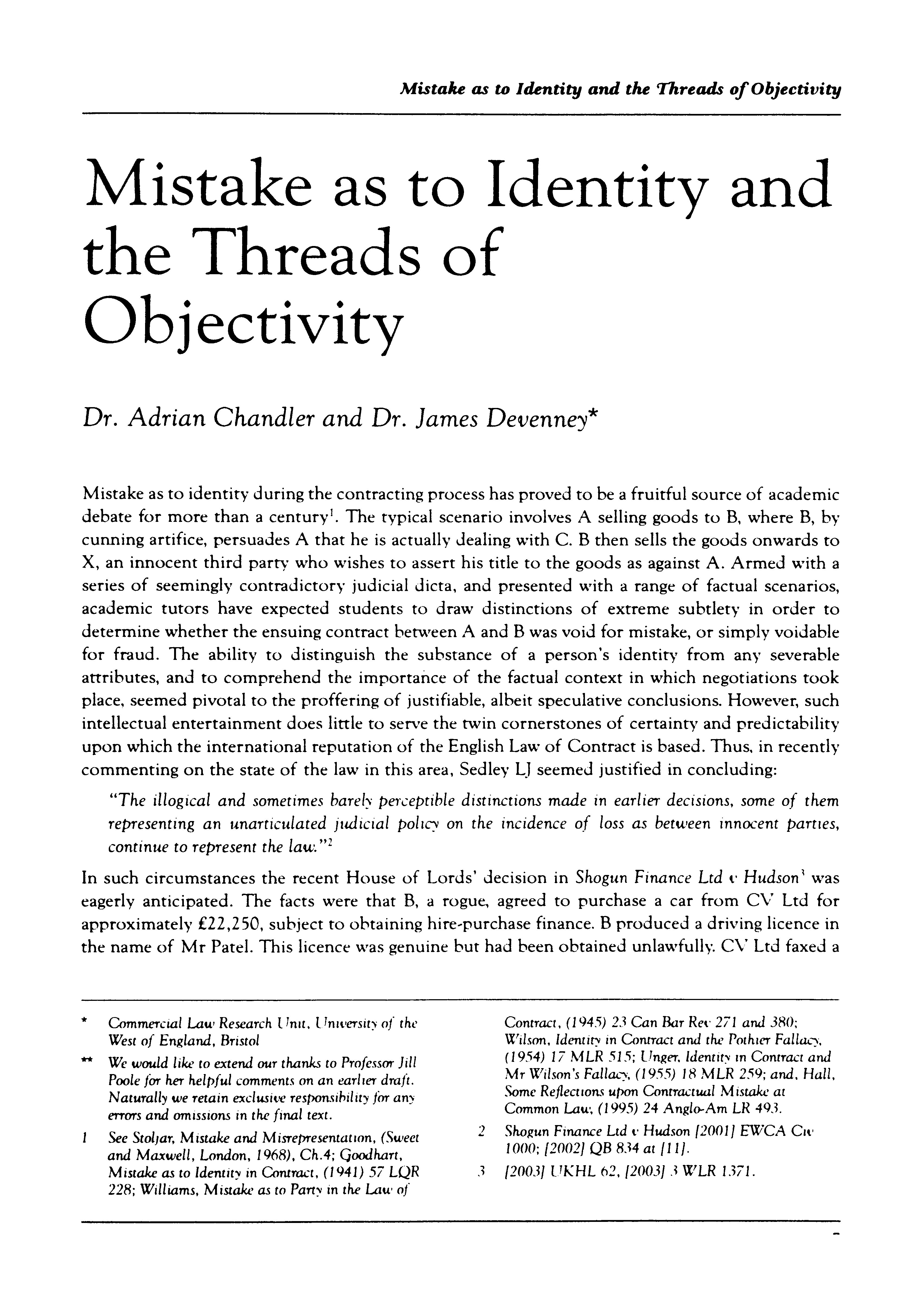 Mistake as to Identity and the Threads of Objectivity Thumbnail